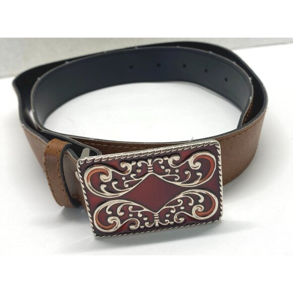 Western Style Brown Faux Leather Belt Ornate Red Enamel Silver Tone Buckle - Picture 8 of 10